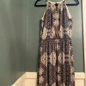 London Times  racer back style maxi dress - size 8 - blue pattern - empire waist